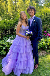 Lilac Prom Dress A Line Corset Long Tulle Ruffled Evening Dress with Lace